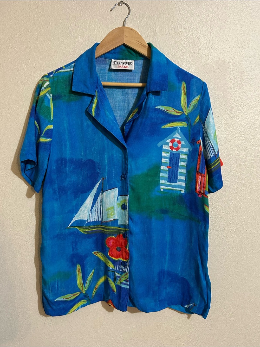 Vintage Peter Popovitch Petite Blue Coastal Sailboat Beach House Button-Up Top M